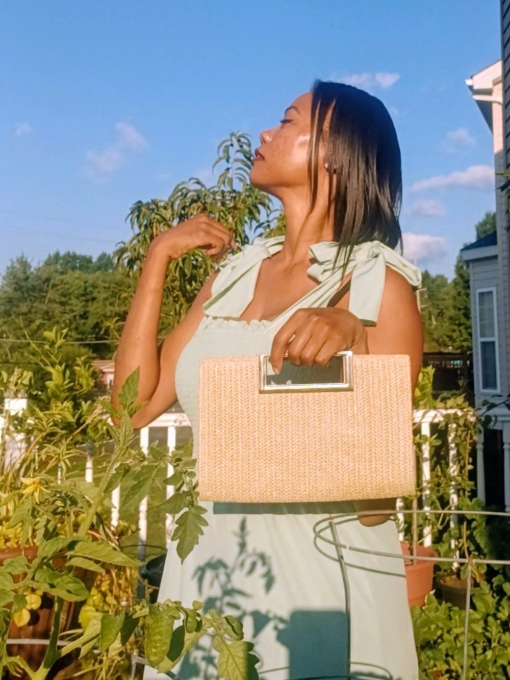 Straw Rectangle Top-Handle Clutch Bag With Gold Accents